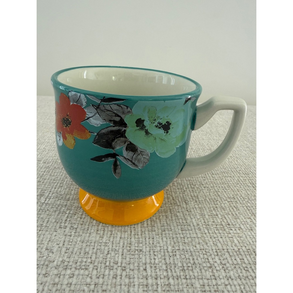Pioneer Woman Floral Turquoise and Yellow Footed Coffee Tea cup Coffee Mug